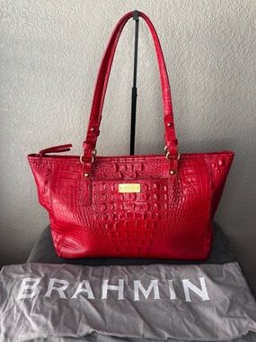 Brahmin Red Croc Embossed Leather Tote Bag Large Shoulder Bag Gold Hardware
